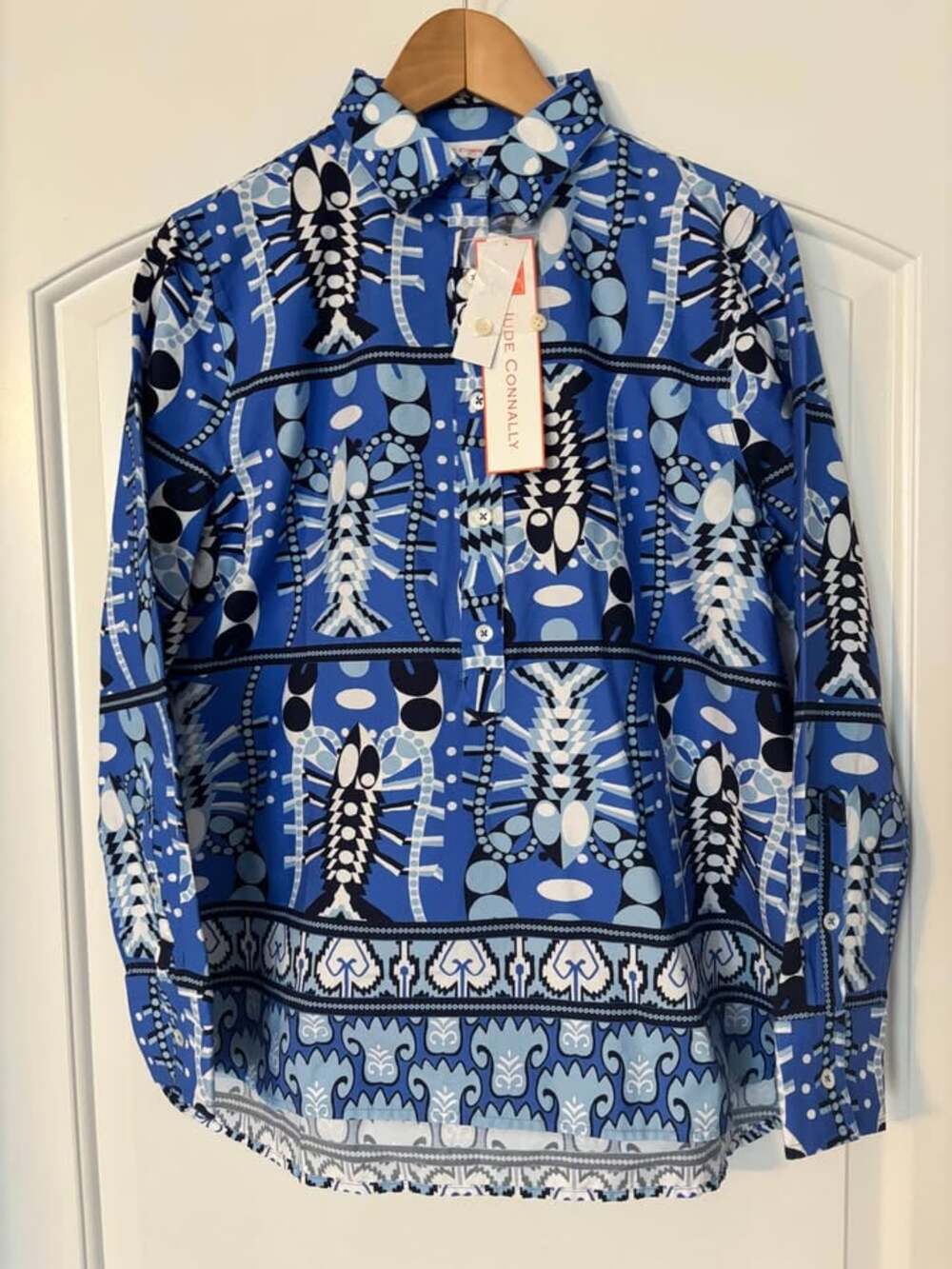 NWT Jude Connally Pru Stretch Poplin Top - Seaside Catch Sapphire Blue Lobster S